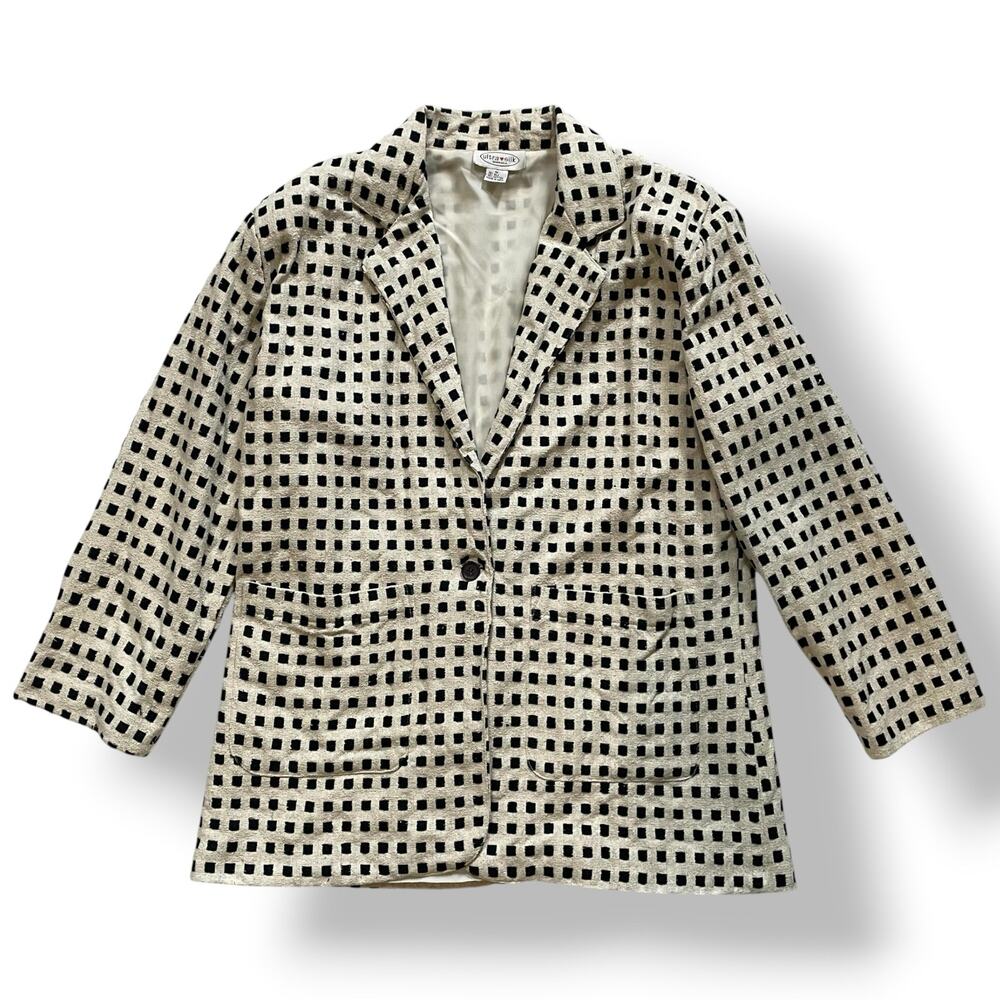 Vintage Ultra Silk 1X Blazer Black Cream Geometric Woven Silk Cotton Jacket